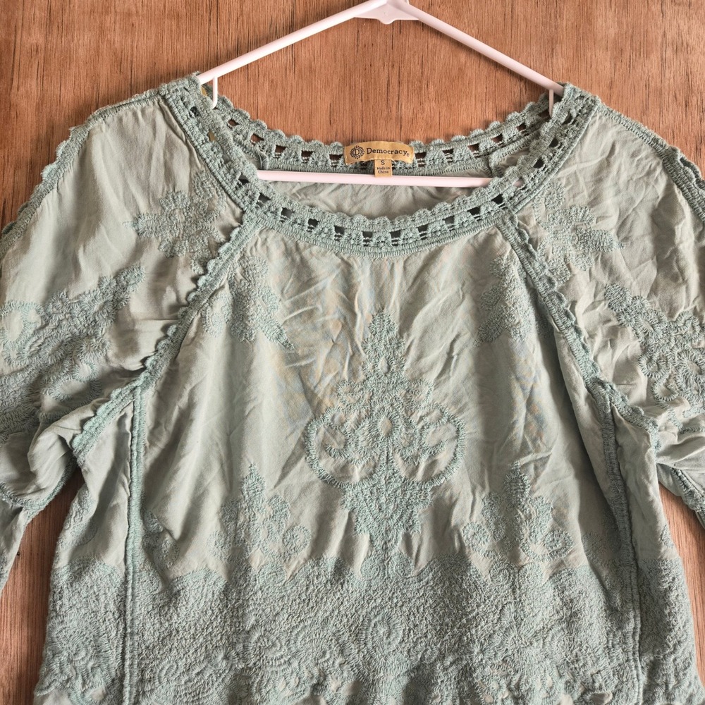 Sage Green Embroidered Crochet Lace Bell Sleeve Top Small Democracy Cottagecore